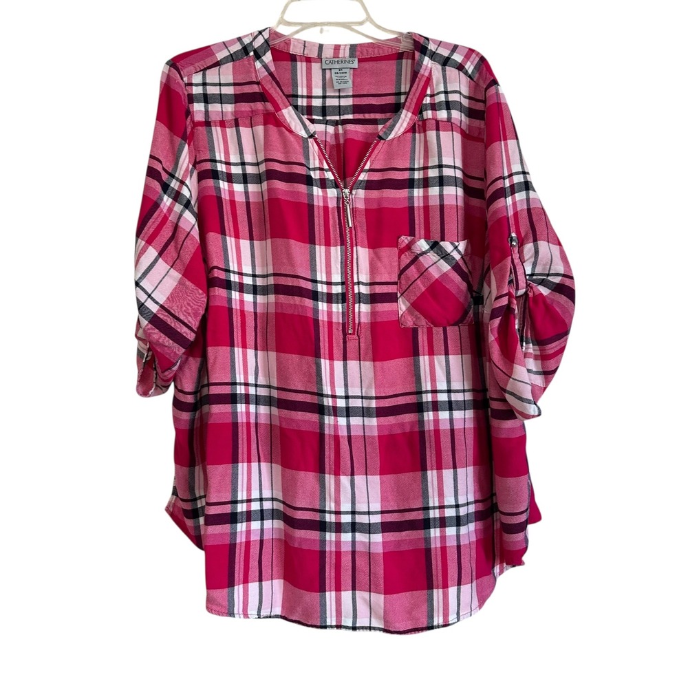 Catherines Pink Plaid Quarter Zip 3/4 Sleeve Tunic Top Plus 3X Preppy‎ Casual